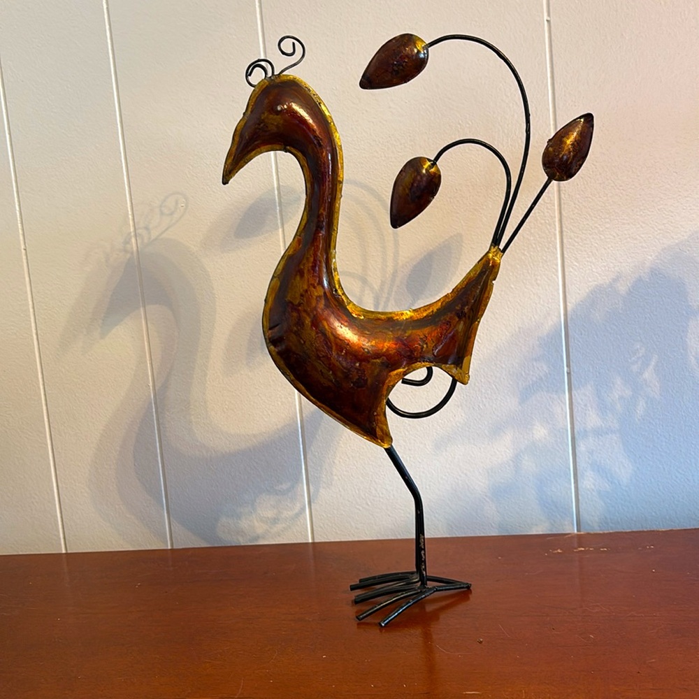 PEACOCK FIGURINE 12" Copper Sculpture Black Iron Bird Chicken Rooster - Picture 1 of 6